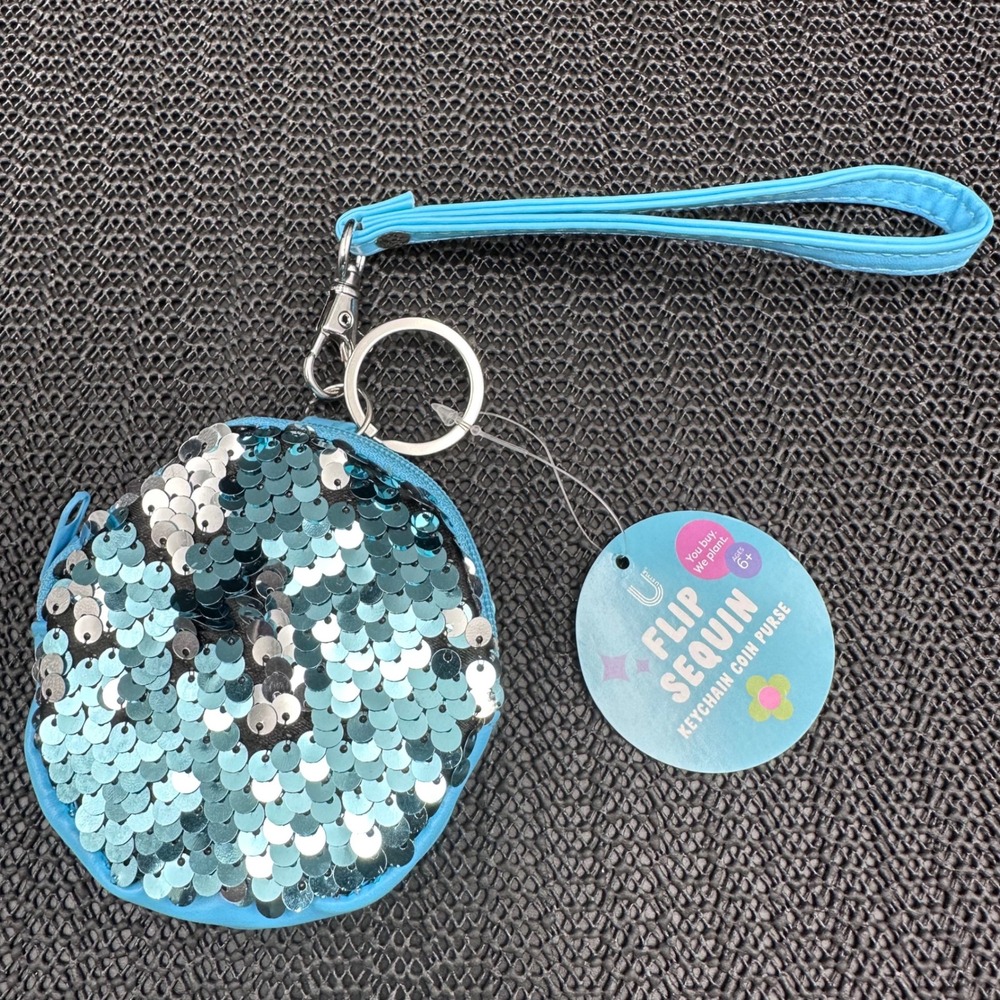 U Style Flip Sequin Keychain Coin Purse Blue Silver Wristlet NWT 25177